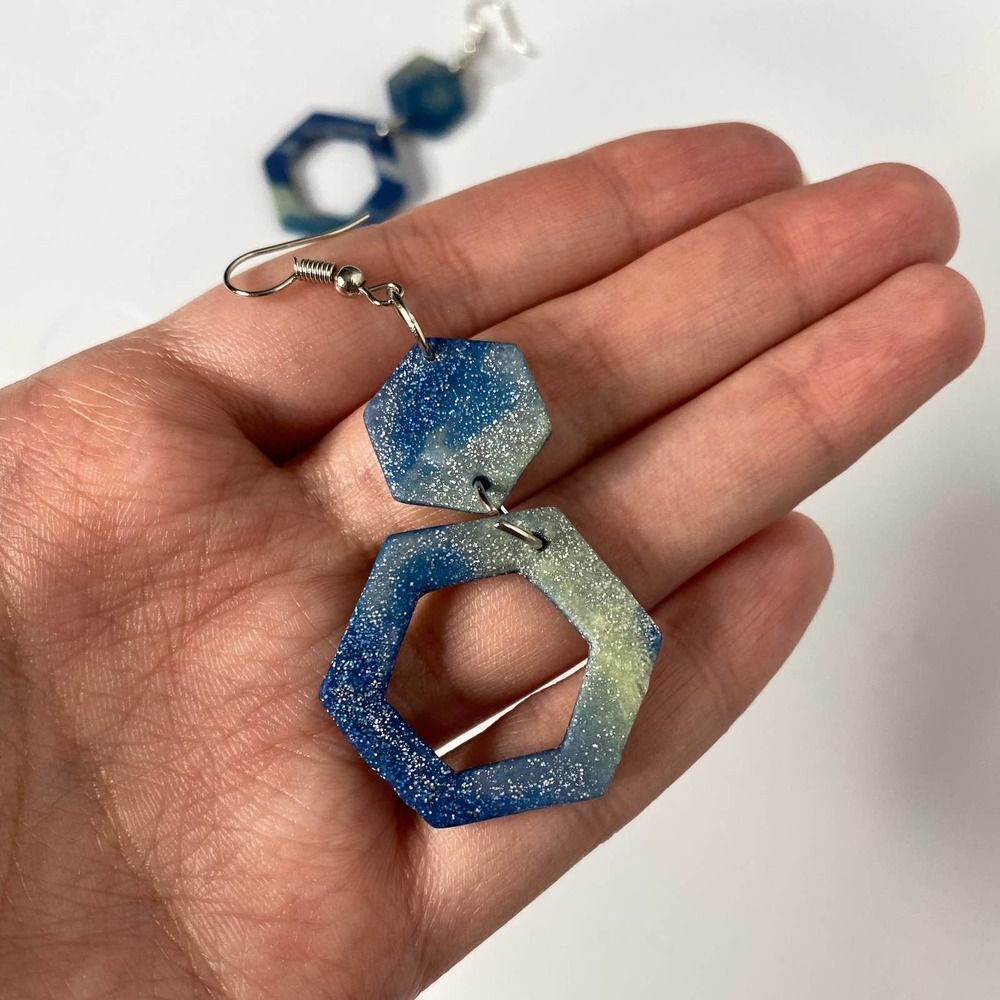 Handmade Polymer Geometric Glitter Reversible Dangly Clay Earrings Blue Hexagon